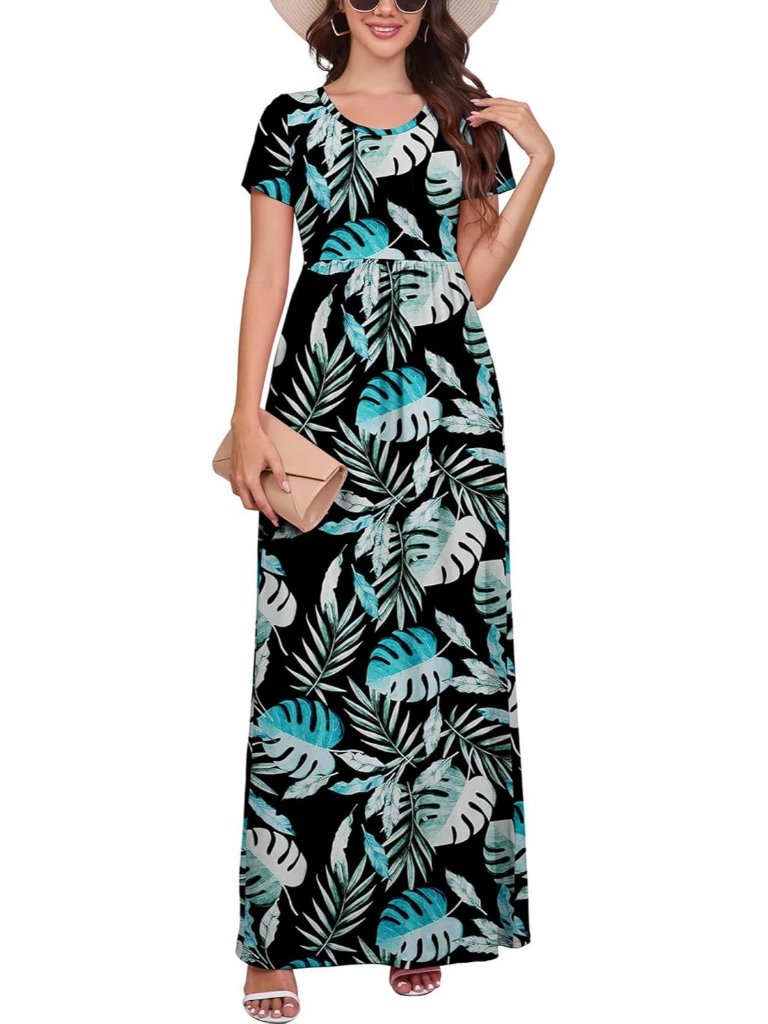 Women's Black Rain Fores Maxi Short Sleeve Loose Plain Comfy Long Dress W/Pocket